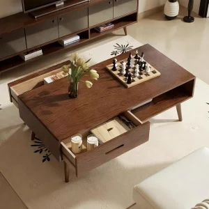 Solid Wood Coffee Table with Storage, 39.37" W Coffee Table with 2 Drawer